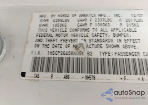 2008 Honda Accord 2.4 Lx-P z USA, uszkodzony, nr VIN 1HGCP26458A056182